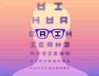 A colorful illustration of what looks like an eye-doctor chart, with a silhouette of a person wearing glasses incorporated into it. The letters, which are all “A” and “I” are blurry, except for the letters within the person’s glasses—A I—which are in focus. 2024 Work Trend Index Annual Report
